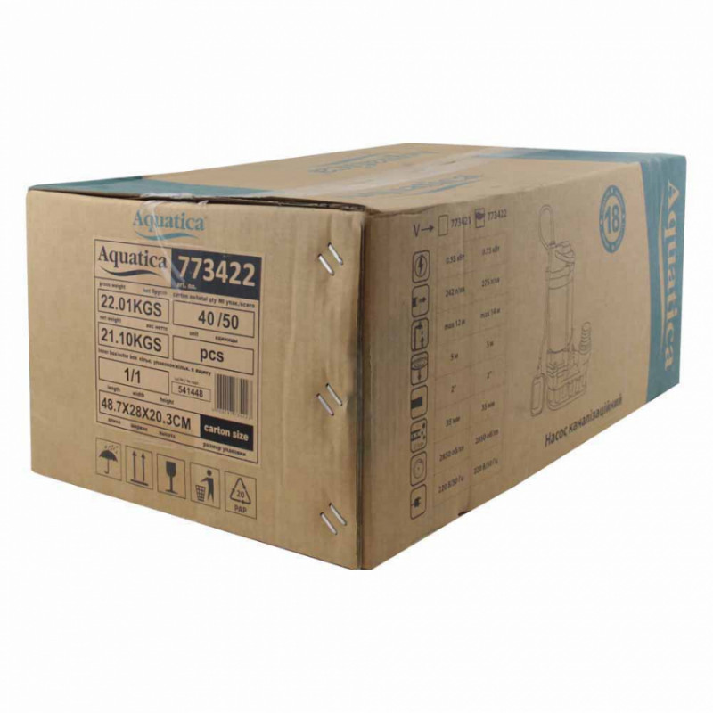 Насос каналізаційний 0.75кВт Hmax 14м Qmax 275л/хв (нерж) AQUATICA (773422)-773422