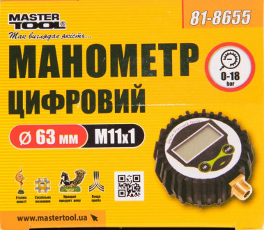 Манометр цифровий до пістолета для підкачки коліс MASTERTOOL Ø63 мм М11х1 0-18 бар гумовий захист 81-8655