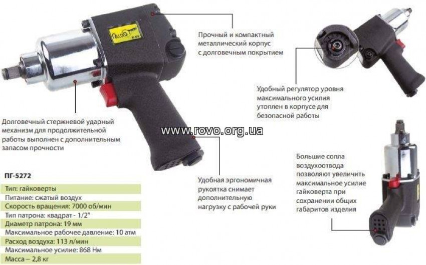 Alloid. Пневмогайковерт 1/2", 7000 об/хв, 868 Nm, 2,8 кг (ПГ-5272)-ПГ- 5272 (10)