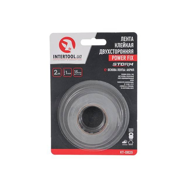 Стрічка клейка двостороння "POWER FIX", 2 м, 15×1 мм, прозора, акрил, STORM INTERTOOL KT-0825-KT-0825