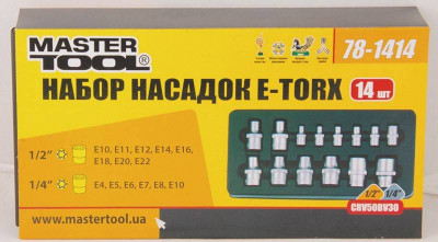 Набір насадок торцевих MASTERTOOL CRV E-TORX 14 шт (1/4&quot;-4/5/6/7/8/10 мм 1/2&quot;-10/11/12/14/16/18/20/22 мм) 78-1414