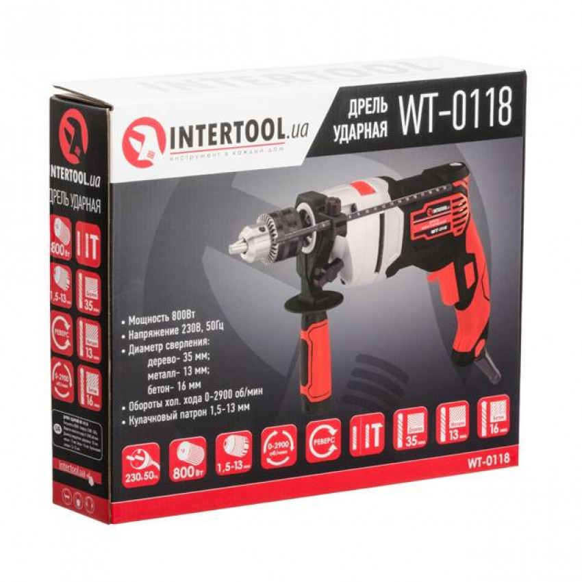 Дриль ударний 800 Вт, 0-2900 об/хв., 1,5-13 мм, метал. корпус редуктора INTERTOOL WT-0118-WT-0118