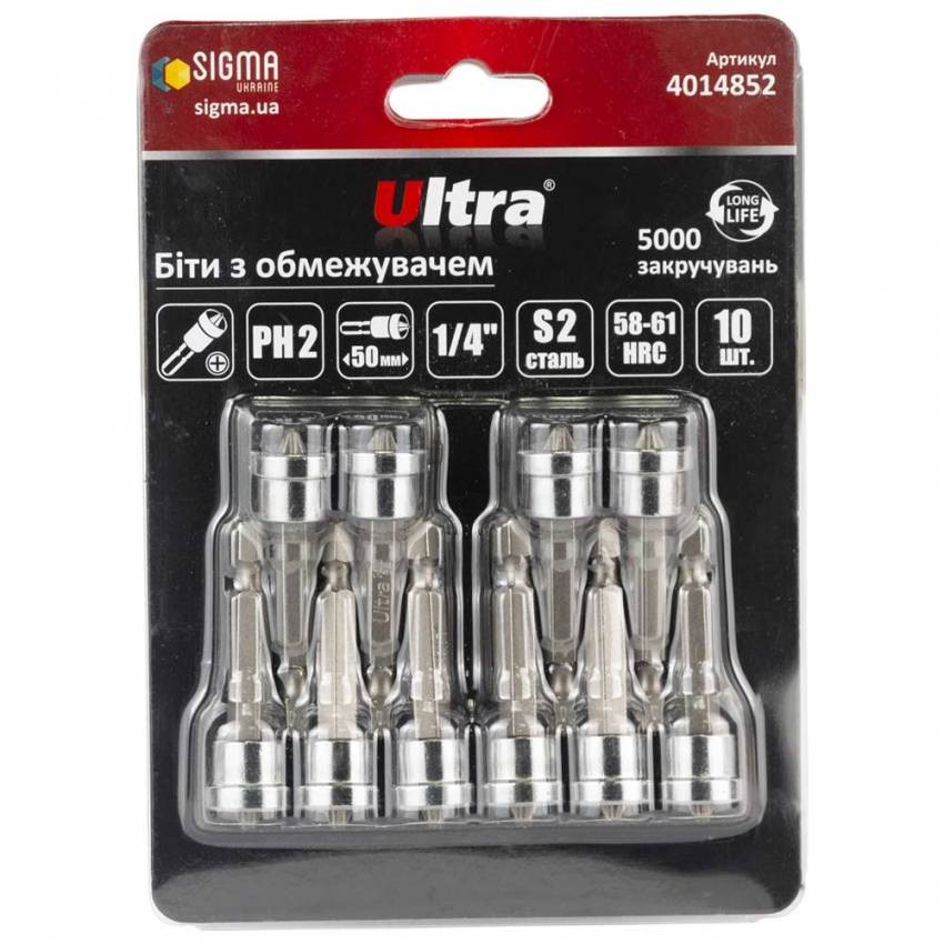 Біти з обмежувачем PH2×50мм ¼" 10шт S2 (блістер) ULTRA (4014852)-4014852