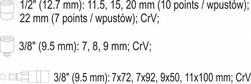 Насадки 6-гранні для гальмівних супортів авто YATO: квадр- 3/8", 1/2", 7- 22 мм, 11 шт-YT-06808