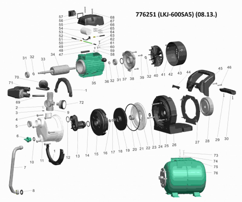 Станція 0.6кВт Hmax 35м Qmax 50л/хв (самовсмоктуючий насос нерж) 24л LEO (776251)-TR776251