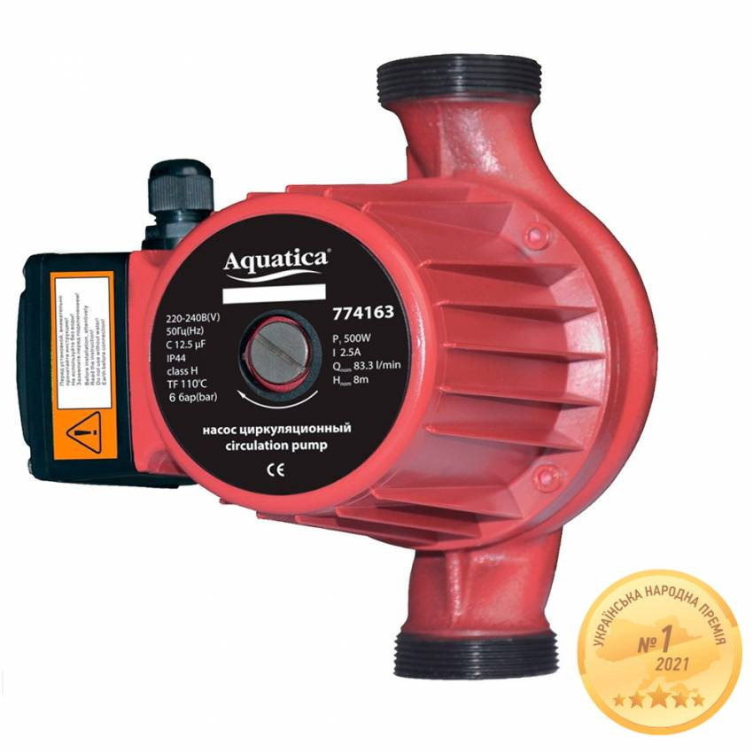 Насос циркуляційний 0.5кВт Hmax 12м Qmax 190л/хв Ø2" 220мм гайки Ø1¼" AQUATICA (774163)-774163