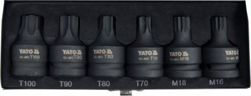 Набір насадок викруткових ударних TORX та SPLINE YATO: квадрат-3/4"; T70-100, M16, M18; Cr-Mo, 6 шт.-YT-10653