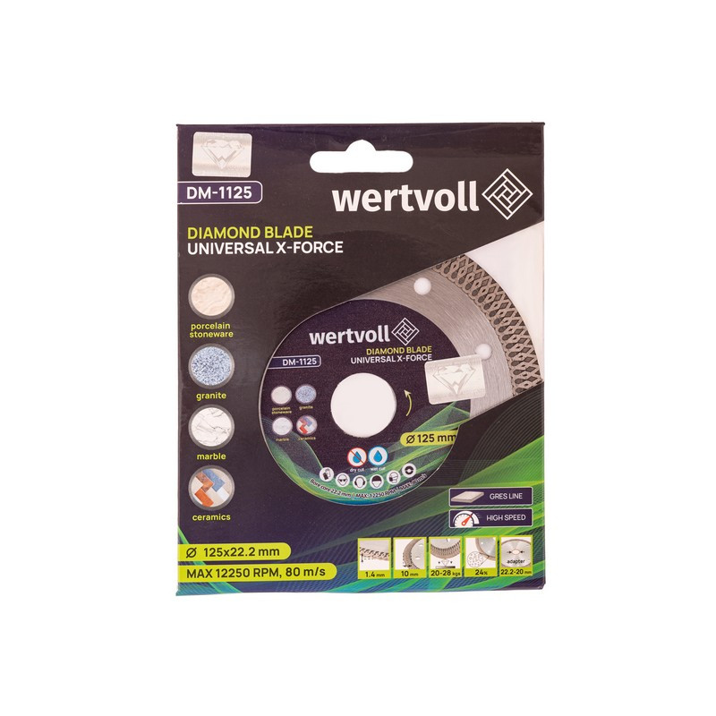 Диск алмазний для керамограніту UNIVERSAL X-FORCE 125*1,4 мм 24% висота алмазного шару 10 мм адаптер 22,2 - 20 мм 12250 об/хв WERTVOLL-DM-1125
