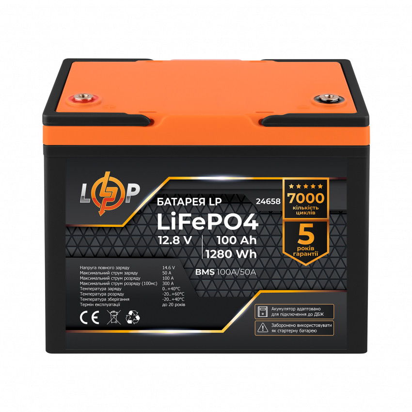 Акумулятор LP LiFePO4 12,8V - 100 Ah (1280Wh) (BMS 100A/50А) пластик для ДБЖ-