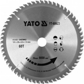 Диск пильний переможний по дереву YATO: 185x20x2.2x1.5 мм, 60 зубців, RPM до 9000 1/хв-[articul]