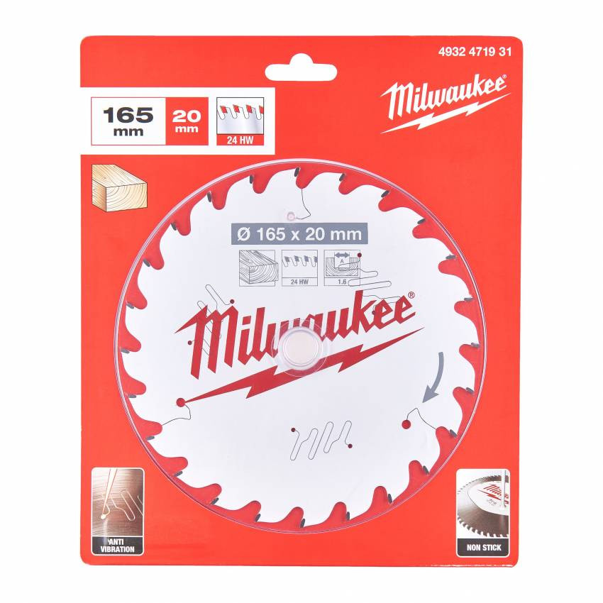 Диск пиляльний PFTE MILWAUKEE, Ø165х20х1,6мм, 24 зуб. 1-4932471931