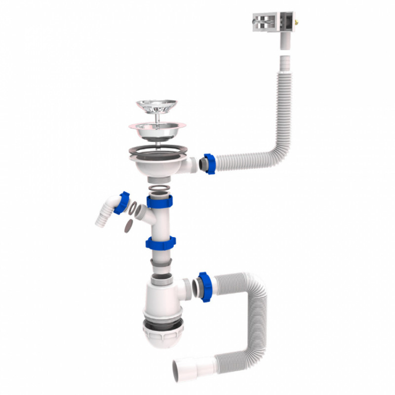 Сифон для кухонної мийки з нержавіючим випуском 3½" виводом під пральну машину, квадратним переливом і гнучким відведенням Ø40/50мм TAU (9842521)-9842521