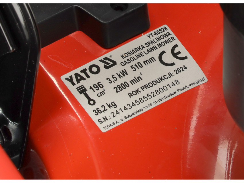 Газонокосарка бензинова YATO з приводом: 3,5кВт, ширина різання: Ø= 51 см, травозбірник- 62л-YT-85528