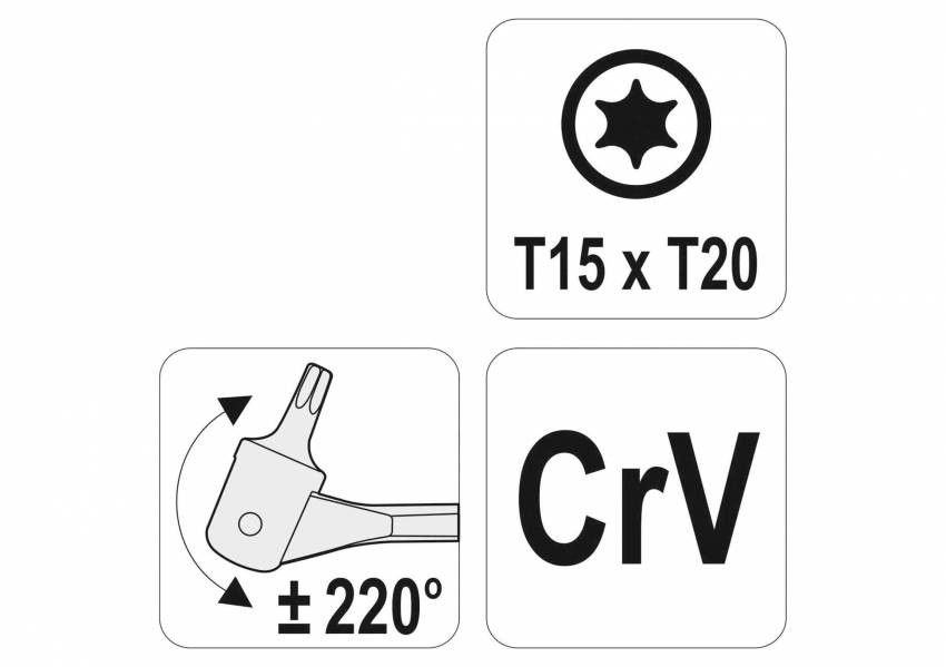 Ключ TORX 2-сторонній на шарнірах YATO: Т15 х Т20, L=202 мм, Cr-V-YT-05311