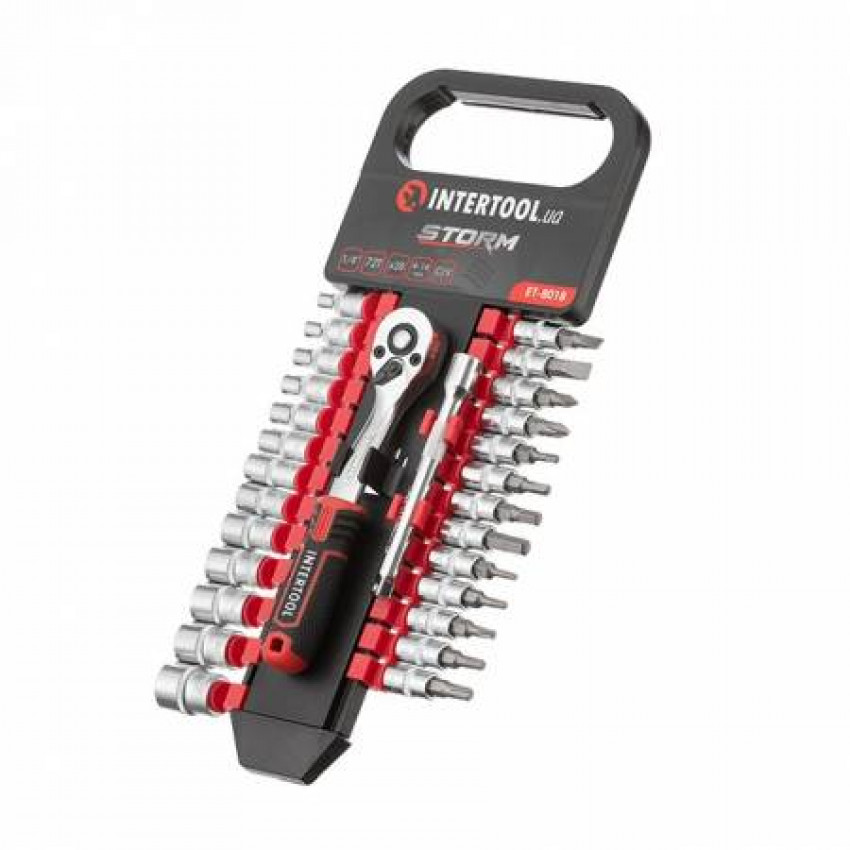 Набір головок 1/4 "4-14 мм., TORX, PH, HEX, FD, подовжувач, рукоятка з храповим механізмом 72 зуба, 28ед., Cr-V STORM INTERTOOL ET-8018-ET-8018