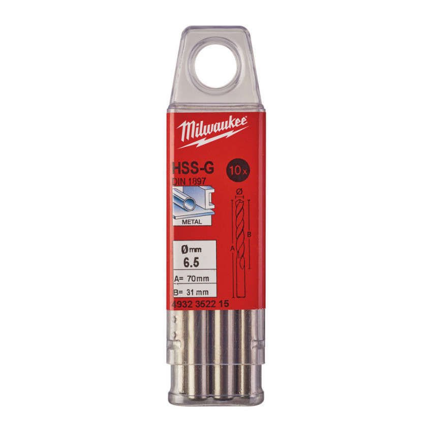 Свердло по металу HSS-G MILWAUKEE DIN1897, Ø6,5х70х31мм, скорочене, (10шт)-4932352215