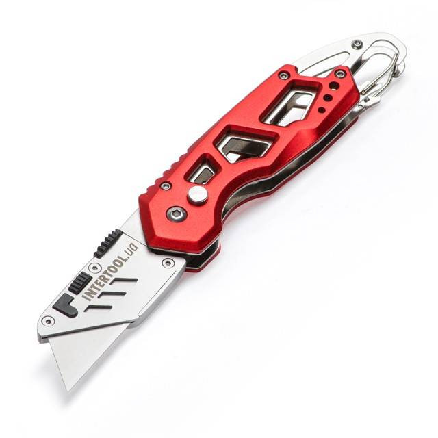 Ніж трапецеподібний 60*19мм складаний, SK5, алюмінієва рукоятка, карабін INTERTOOL HT-0531-HT-0531