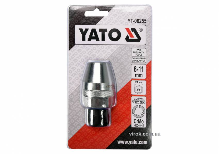 Шпилькокрут ударний цанговий YATO : 3/8", для Ø= 6-11 мм, Cr-Mo, для ударних гайковертів-YT-06255