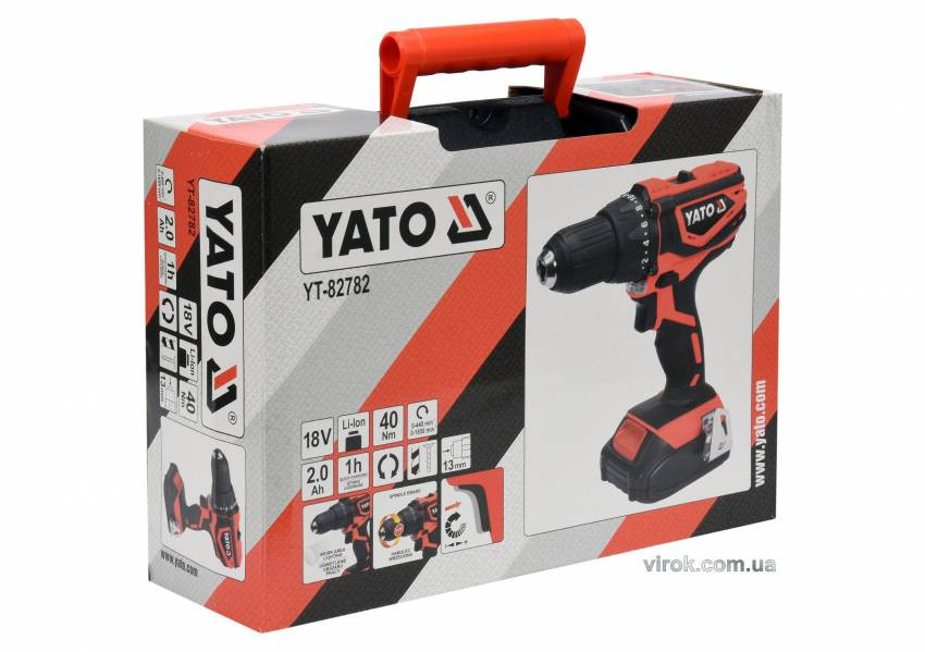 Шуруповерт-дриль акумуляторний YATO Li-Ion 18 В 2 Агод 40 Нм + кейс-YT-82782