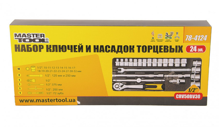 Набір насадок торцевих MASTERTOOL PROFI CrV 1/2" 10-32 мм тріскачка 72Т 24 шт металевий кейс 78-4124-78-4124