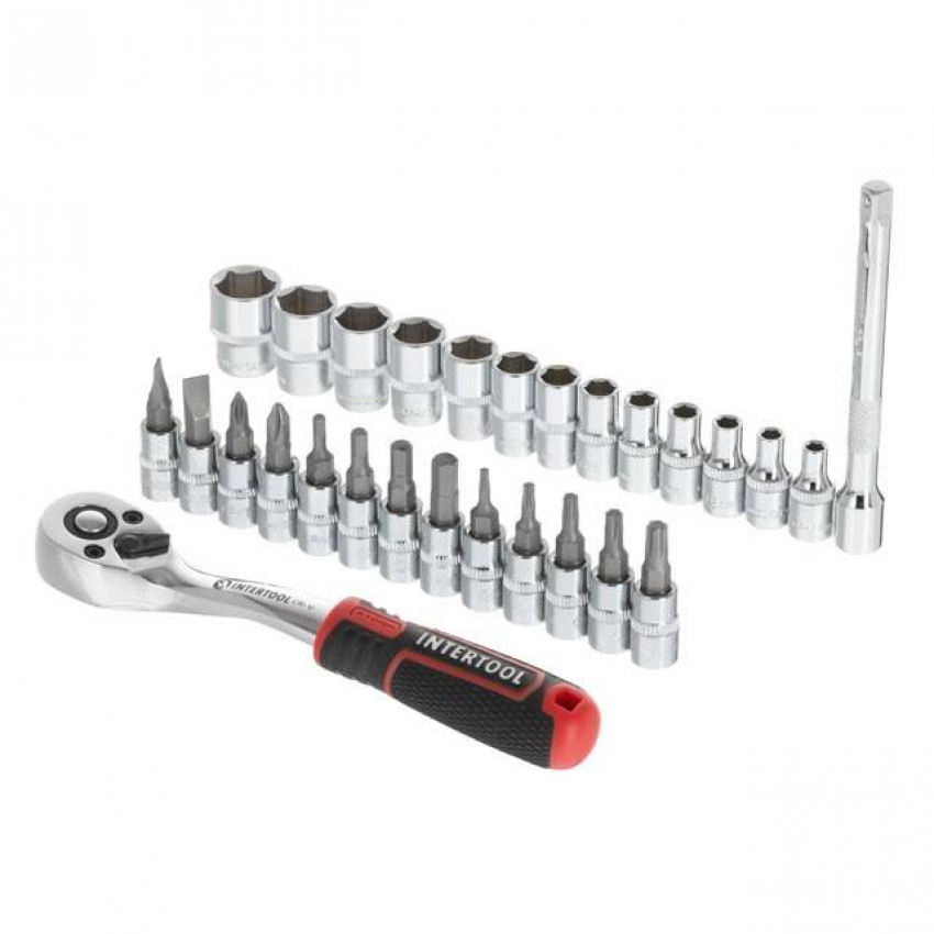 Набір головок 1/4 "4-14 мм., TORX, PH, HEX, FD, подовжувач, рукоятка з храповим механізмом 72 зуба, 28ед., Cr-V STORM INTERTOOL ET-8018-ET-8018