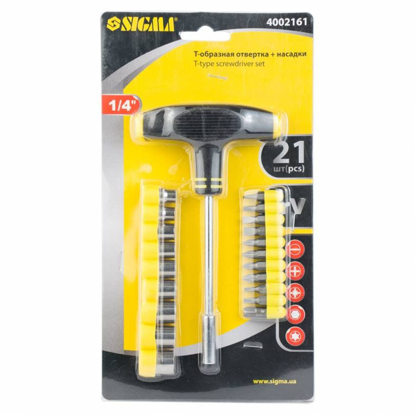 Викрутка з Т-подібною ручкою та насадками 21шт CrV Sigma (4002161)-4002161