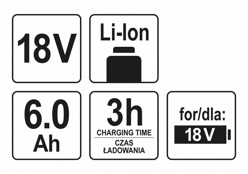 Акумулятор Li-Ion YATO : 18 В, 6 А/Год, тривалість заряджання- 3 год-YT-82845