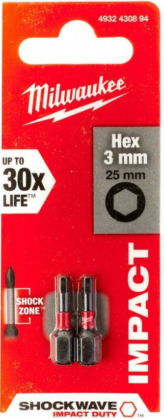 Бита SHOCKWAVE MILWAUKEE, Hex3, 25мм, (2шт)-4932430894