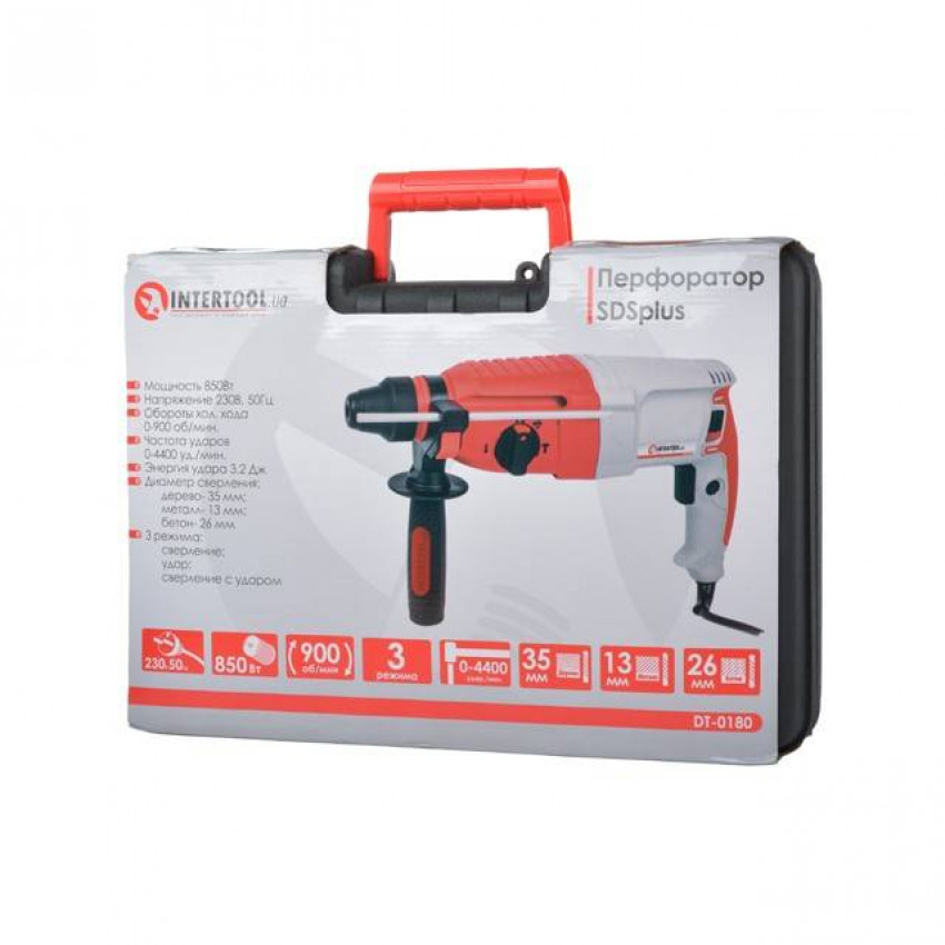 Перфоратор, 0,8 кВт, 3,2 Дж, 0-900 об/хв, 0-4400 уд/хв, 3 режими, SDS plus INTERTOOL DT-0180-DT-0180