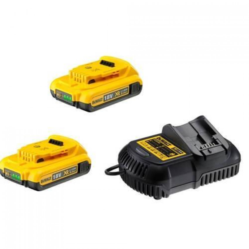 Зарядний пристрій DeWALT, XR Li-Ion для 10,8-18В, 2 акумулятора по 2 Ач,0,49 кг-DCB105D2