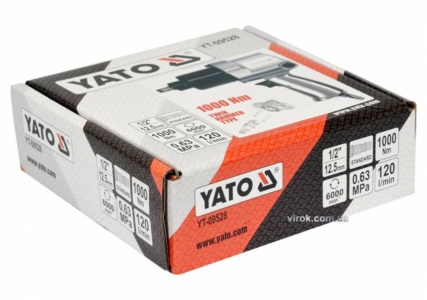 Гайковерт ударний пневматичний YATO: квадрат 1/2", F= 1000 Nm, роб. тиск-6.3 Bar при 120 л/хв.-YT-09528