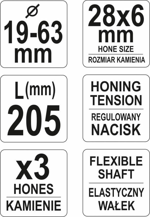 Хон для розточування циліндрів Ø= 19-63 мм YATO регульований з 3 камінням - 28х6 мм, загальна l= 205 мм-YT-05810
