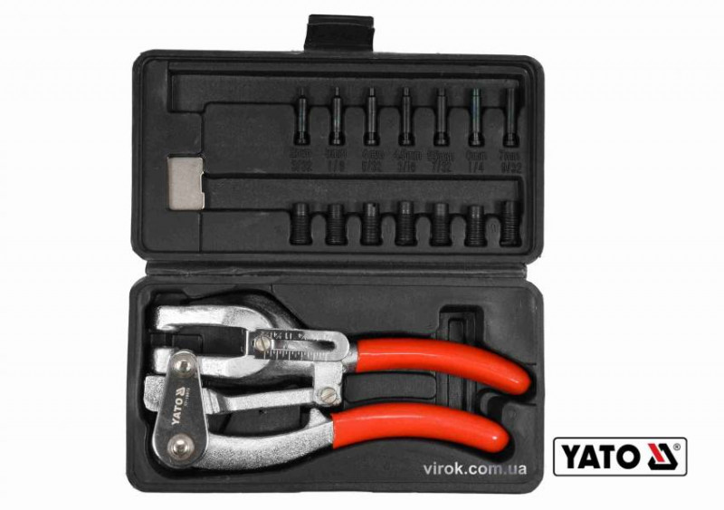 Кліщі для проколювання отворів YATO в листов. металі ≤ 1 мм, 14 насадок Ø= 2-7 мм, 16 шт   кейс-YT-18973