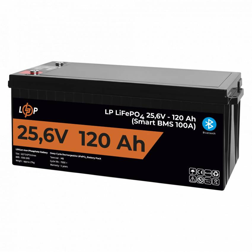 Акумулятор LP LiFePO4 25,6V - 120 Ah (3072Wh) (Smart BMS 100А) з BT пластик для ДБЖ-