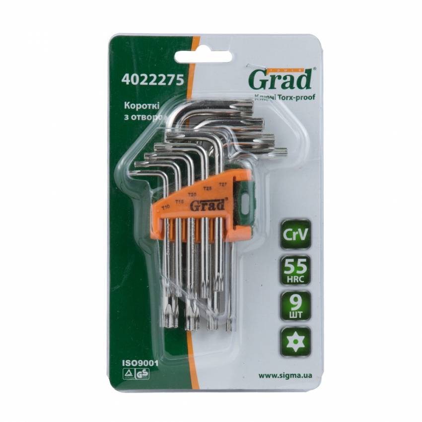 Ключі TORX 9шт T10-T50мм CrV (короткі з отвір) Grad (4022275)-4022275