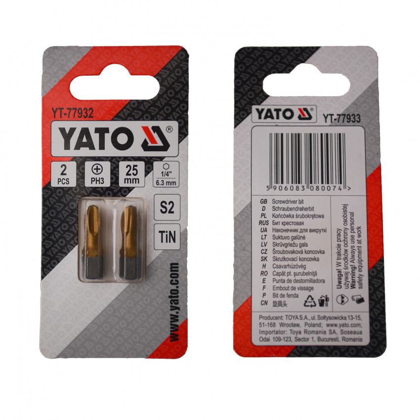 Насадка викруткова YATO PH3 х 25 мм. HEX 1/4", покрита титаном, 2 шт.-YT-77932