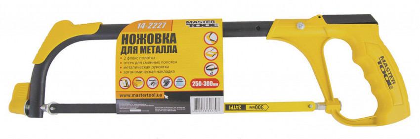 Ножівка по металу MASTERTOOL 250-300 мм металева рукоять контейнер для зберігання полотна 3 flex полотна 14-2227-14-2227