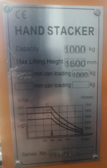 Штабелер гідравлічний 1000кг/1,6м, довж. вил 1,1м,рег. ширина вил, колір - сірий