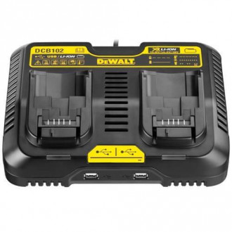 Зарядний пристрій дворядний DeWALT 2 USB порту, одночасно заряджає 2 XR Li-Ion 10.8В,14.4В,18В,струм 4А,1,3кг-[articul]