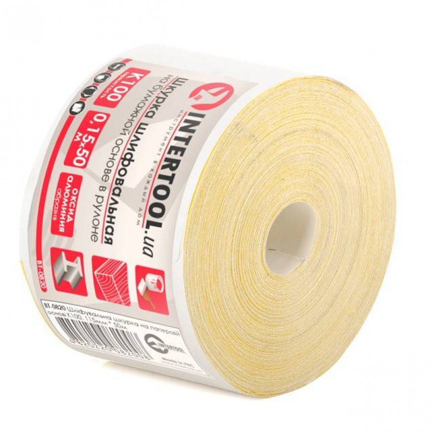 Шкурка шліфувальна, паперова основа, К100, 115 мм × 50 м INTERTOOL BT-0820-BT-0820