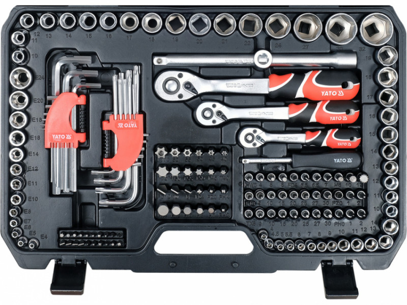 Набір головок торцевих YATO з квадр. 1/2", 3/8", 1/4" з устаткув, викр насадки, комбін ключі, 198 ел-YT-38850