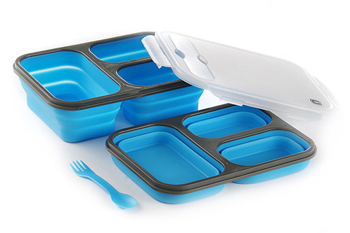 Ланчбокс складаний з кришкою-засувкою та ловилкою блакитний 350мл/350мл/650мл СИЛА-960567