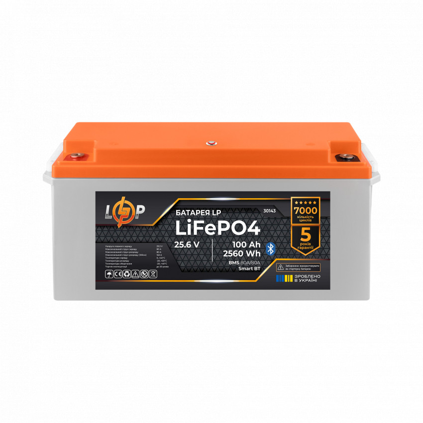 Акумулятор LP LiFePO4 25,6V - 100 Ah (2560Wh) (BMS 80A/50А) пластик Smart BT-