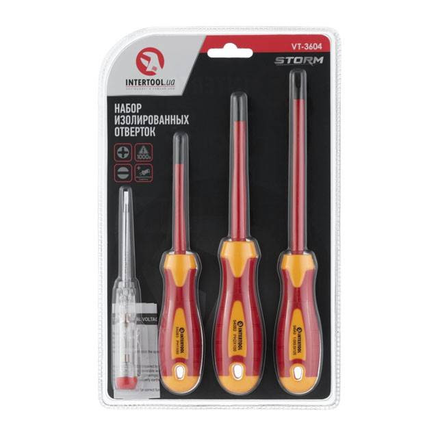 Набір ізольованих викруток з викруткою індикатором 4 од VDE (SL1.0 * 5.5 * 125мм, PH1 * 80мм, PH2 * 100мм, викрутка індикатор.), STORM INTERTOOL VT-3604-VT-3604