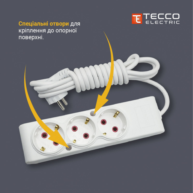 Подовжувач TECCO 4 поста із заземленням з вимикачем 3м (3*1.0) білий 1шт/уп-102 402 03
