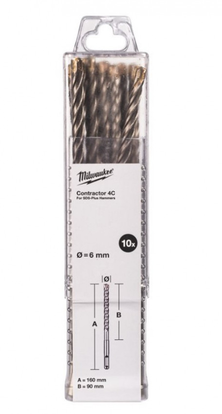Бур SDS-PLUS 4C Contractor MILWAUKEE, O6х160мм, (10шт)-4932498870
