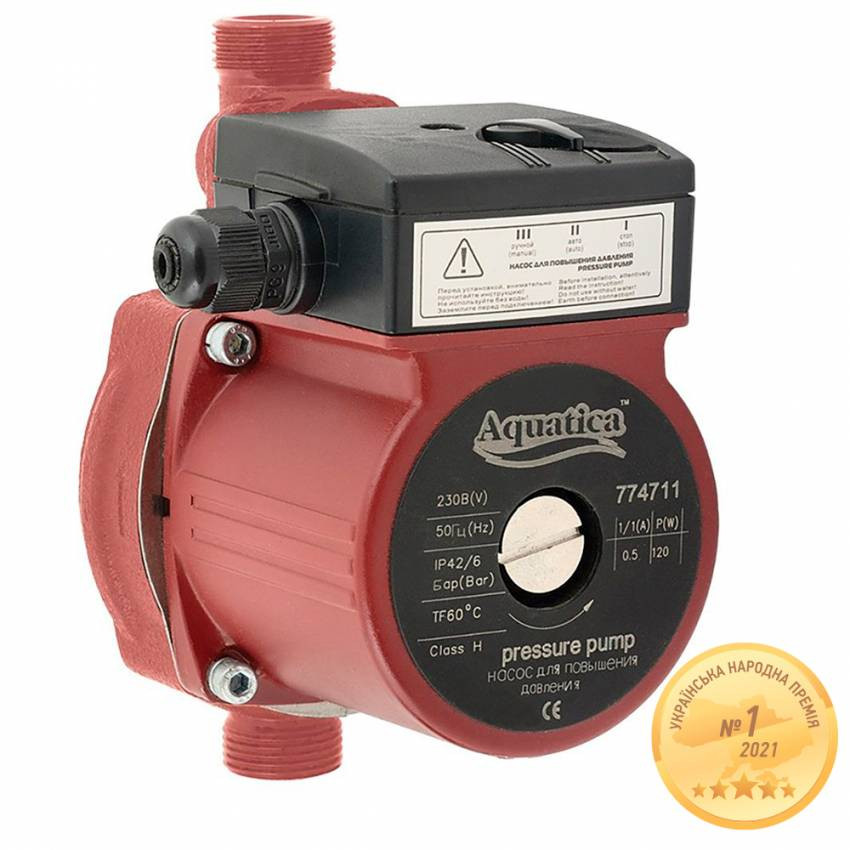 Насос для підвищення тиску 120Вт Hmax 9м Qmax 30л/хв Ø" 160мм гайки Ø½" AQUATICA (774711)-774711