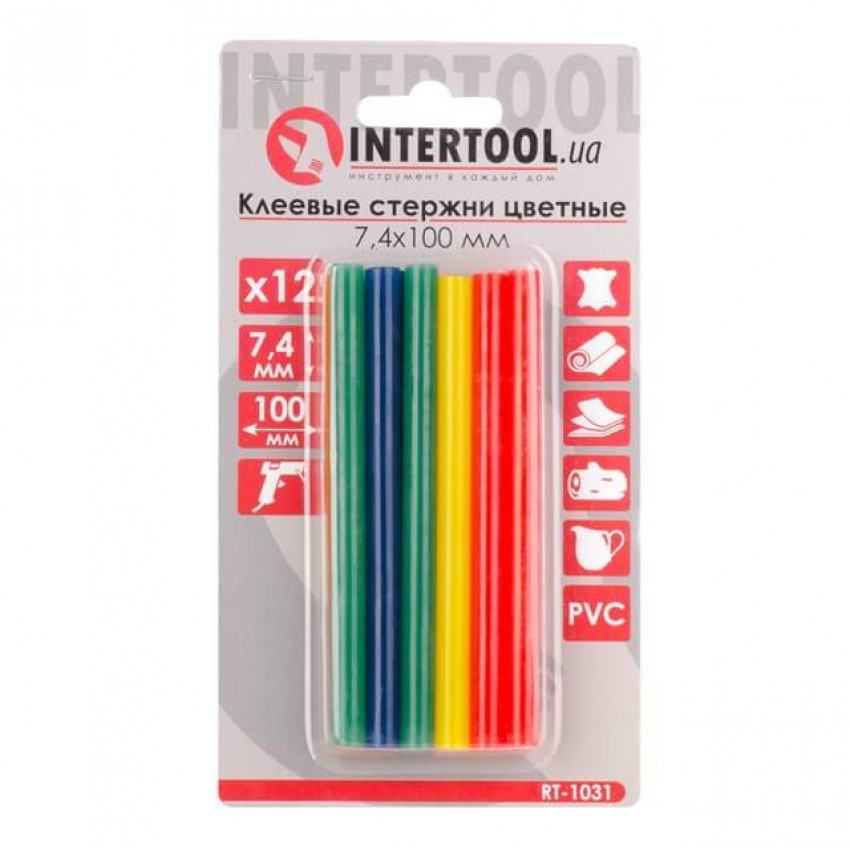 Комплект клейових стрижнів кольорових, 7,4×100 мм, 12 шт. INTERTOOL RT-1031-RT-1031