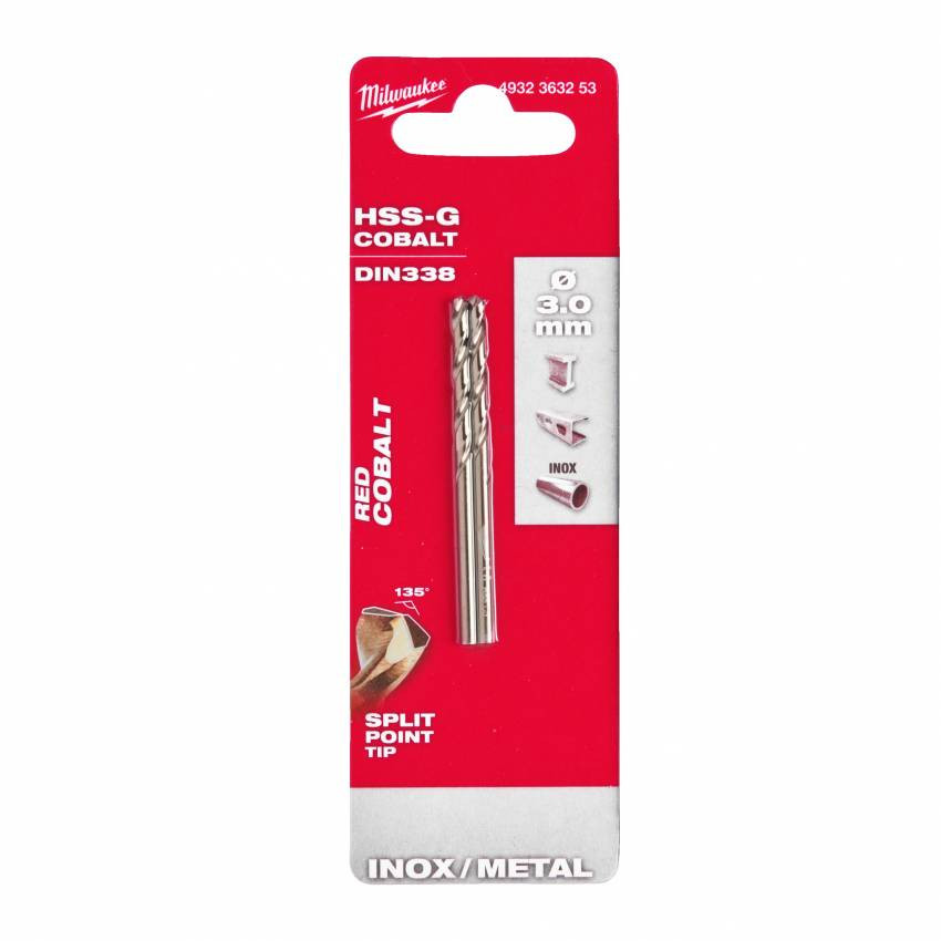 Свердло по металу HSS-Co MILWAUKEE DIN338, Ø3,0мм, (2шт)-4932363253