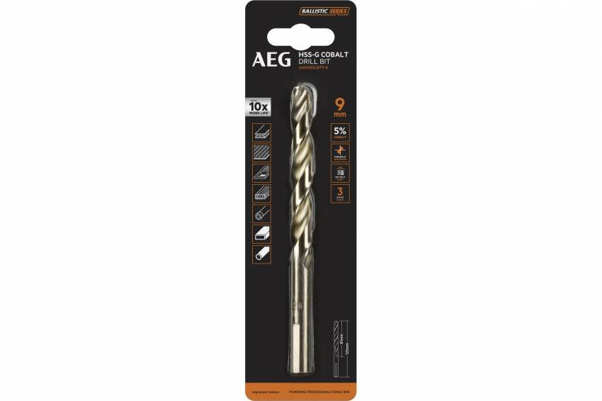Свердло AAKHSSCBT9-0 AEG, HSS-Co, Ø9х81х125мм, 1шт.-AAKHSSCBT9-0